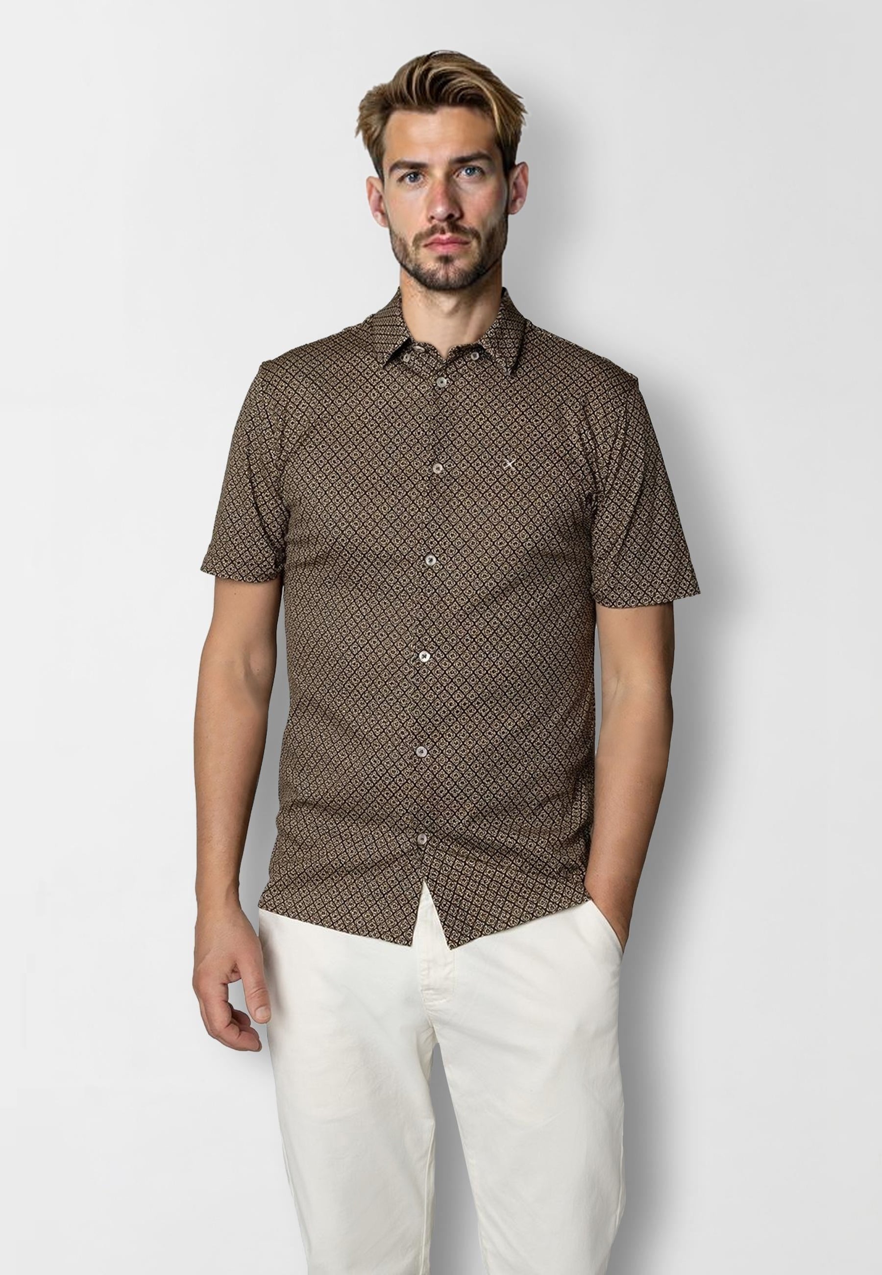 clean-cut-copenhagen-clean-formal-aop-kurzarmhemd-braun-l-stretch image 1
