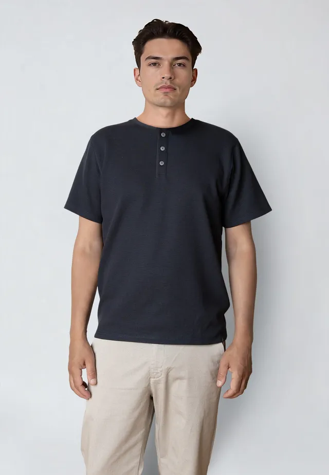 clean-cut-copenhagen-cal-grandad-t-shirt-dark-navy-waffle image 1