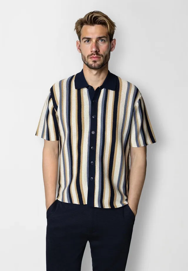 clean-cut-copenhagen-daniel-strickhemd-ecru-blue-gestreift-baumwolle image 1