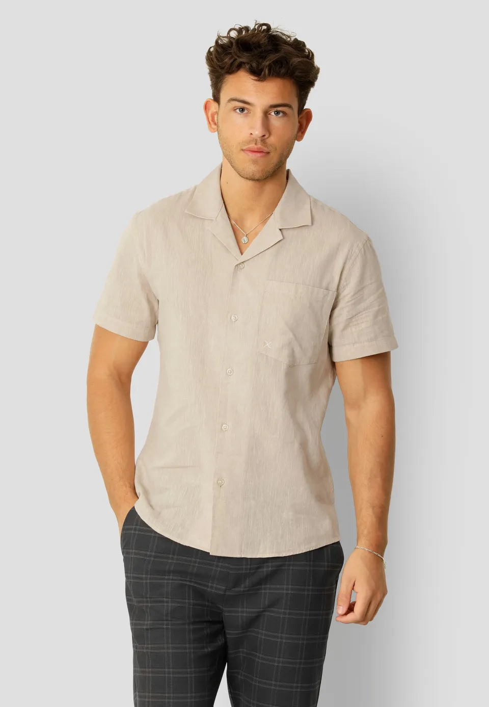 clean-cut-giles-bowling-hemd-sand-melange-leinen image 1
